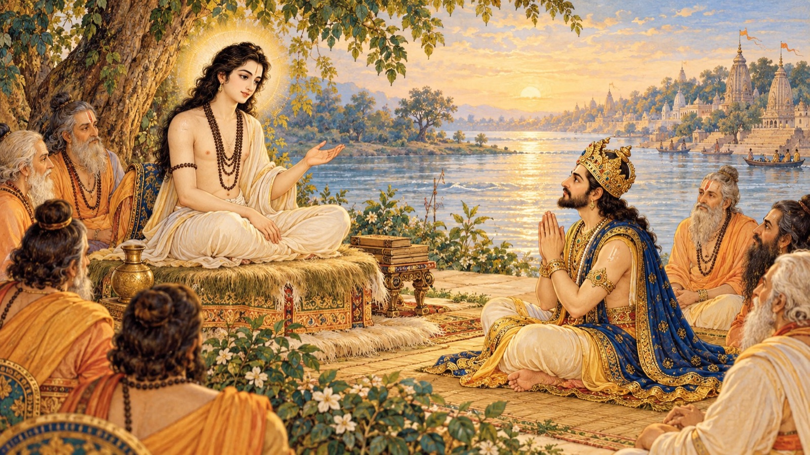 King Parikshit seated in fast beside the Ganga asking the sage Sukadeva how souls escape hell