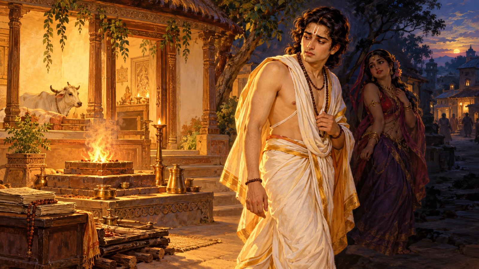 The young Brahmana Ajamila turning away from the sacred fire, his devout life abandoned