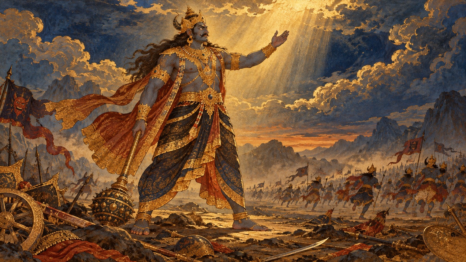 अपनी सेना के भाग निकलने पर दृढ़ खड़ा और हँसता राक्षस वृत्र