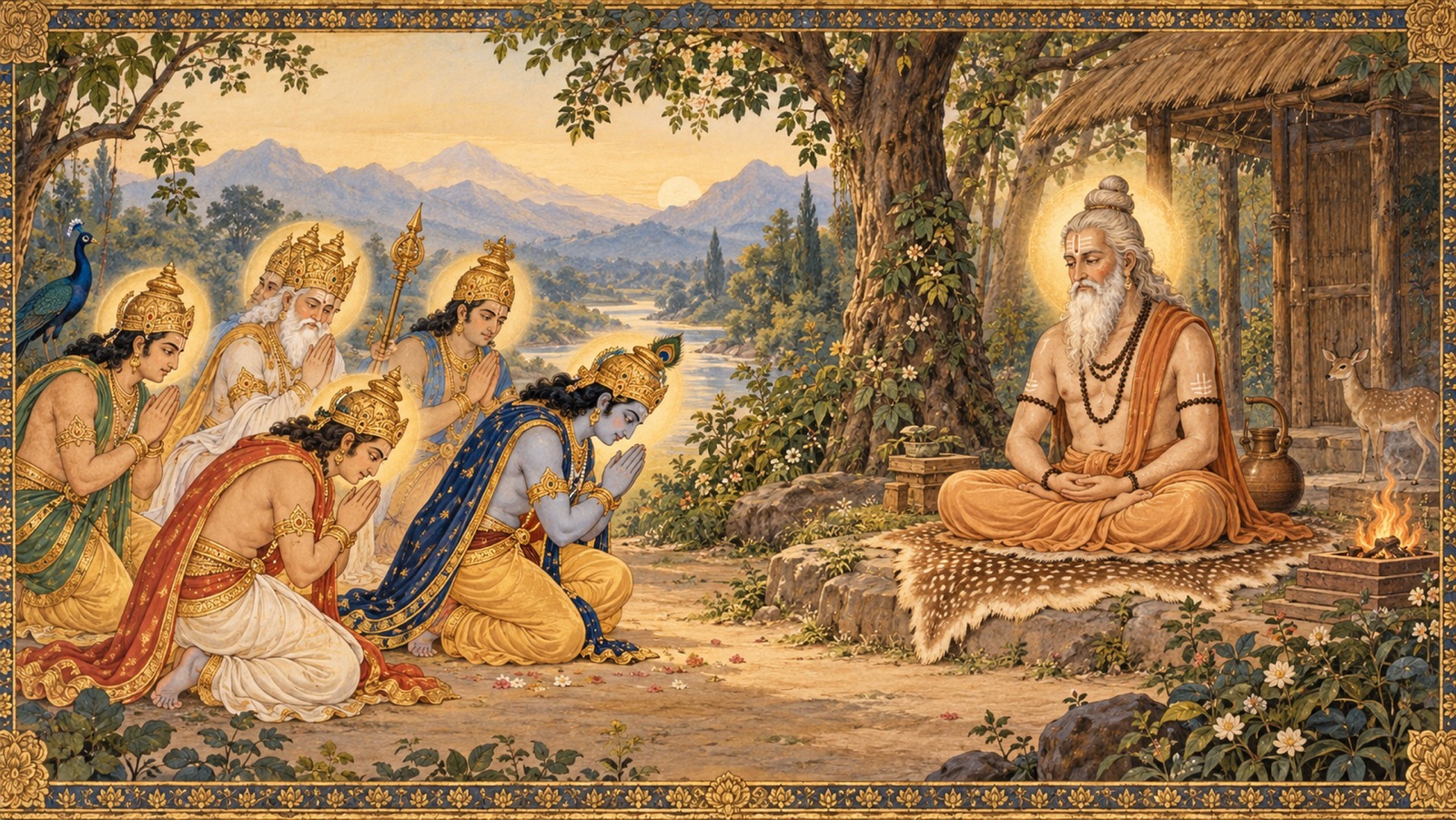 The gods bowing before the sage Dadhici in his forest hermitage to beg his body