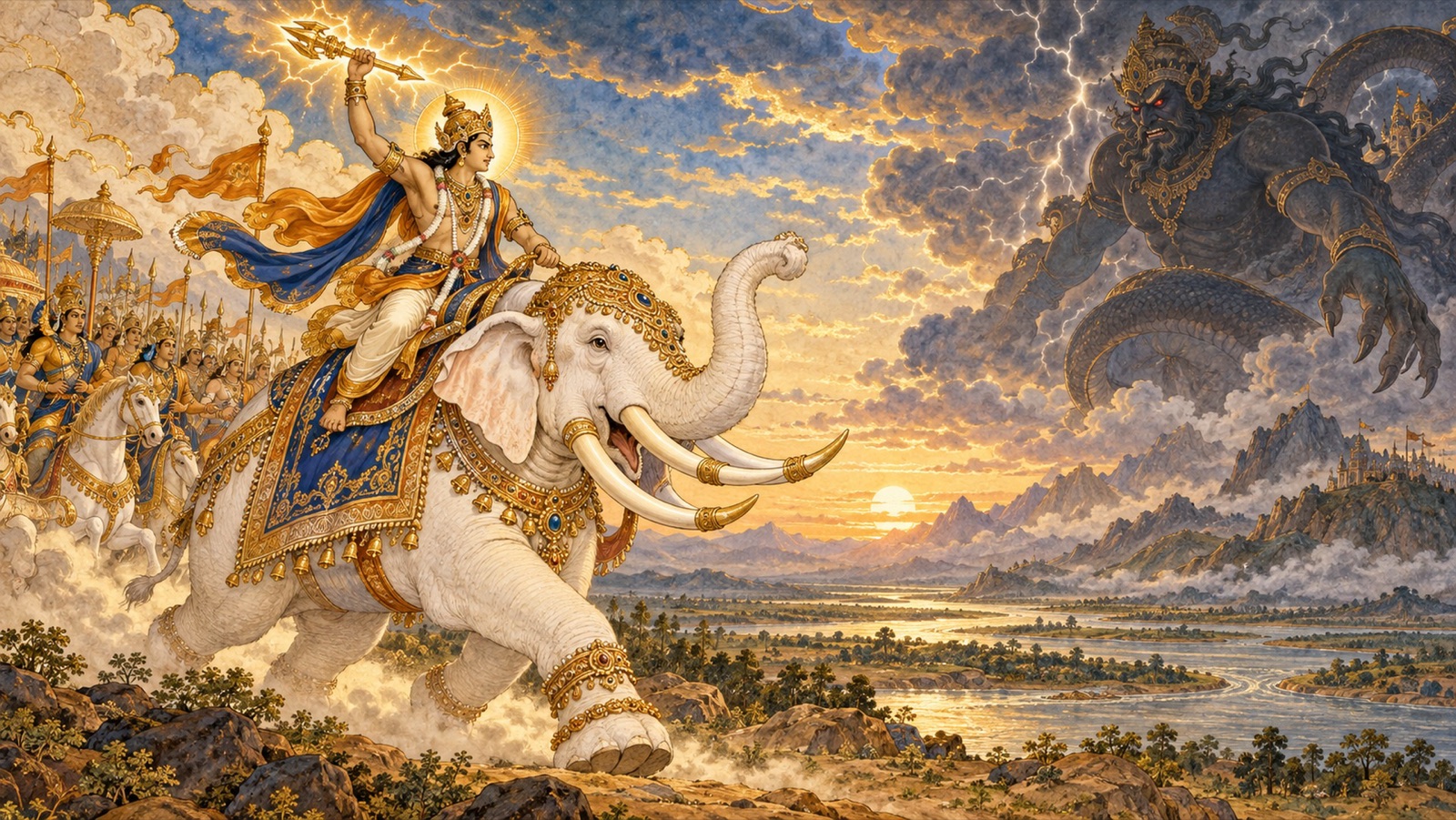Indra armed with the thunderbolt riding Airavata into battle against the towering demon Vritra