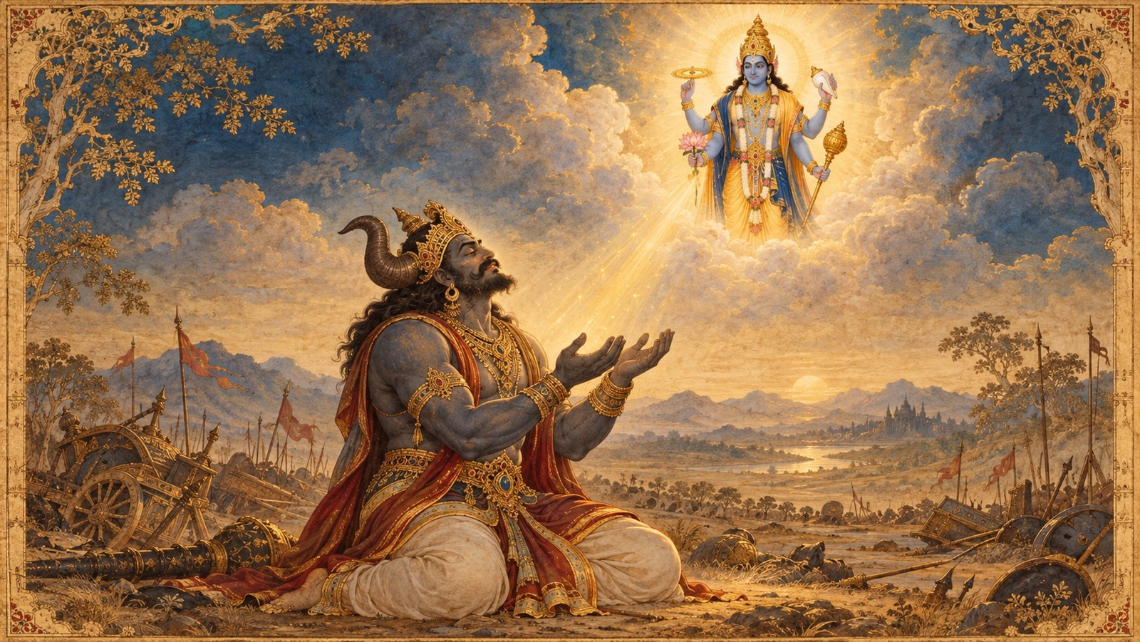 युद्ध के मध्य भगवान् नारायण पर हृदय स्थिर किए अन्तर्मुख भक्ति में वृत्र