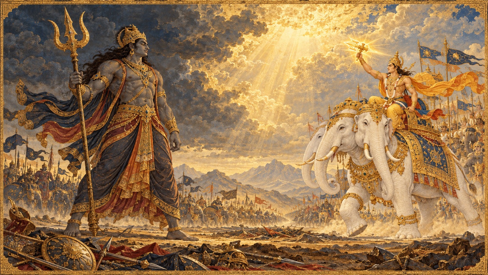 The demon Vritra towering with his trident before Indra on Airavata, his heart turned to the Lord