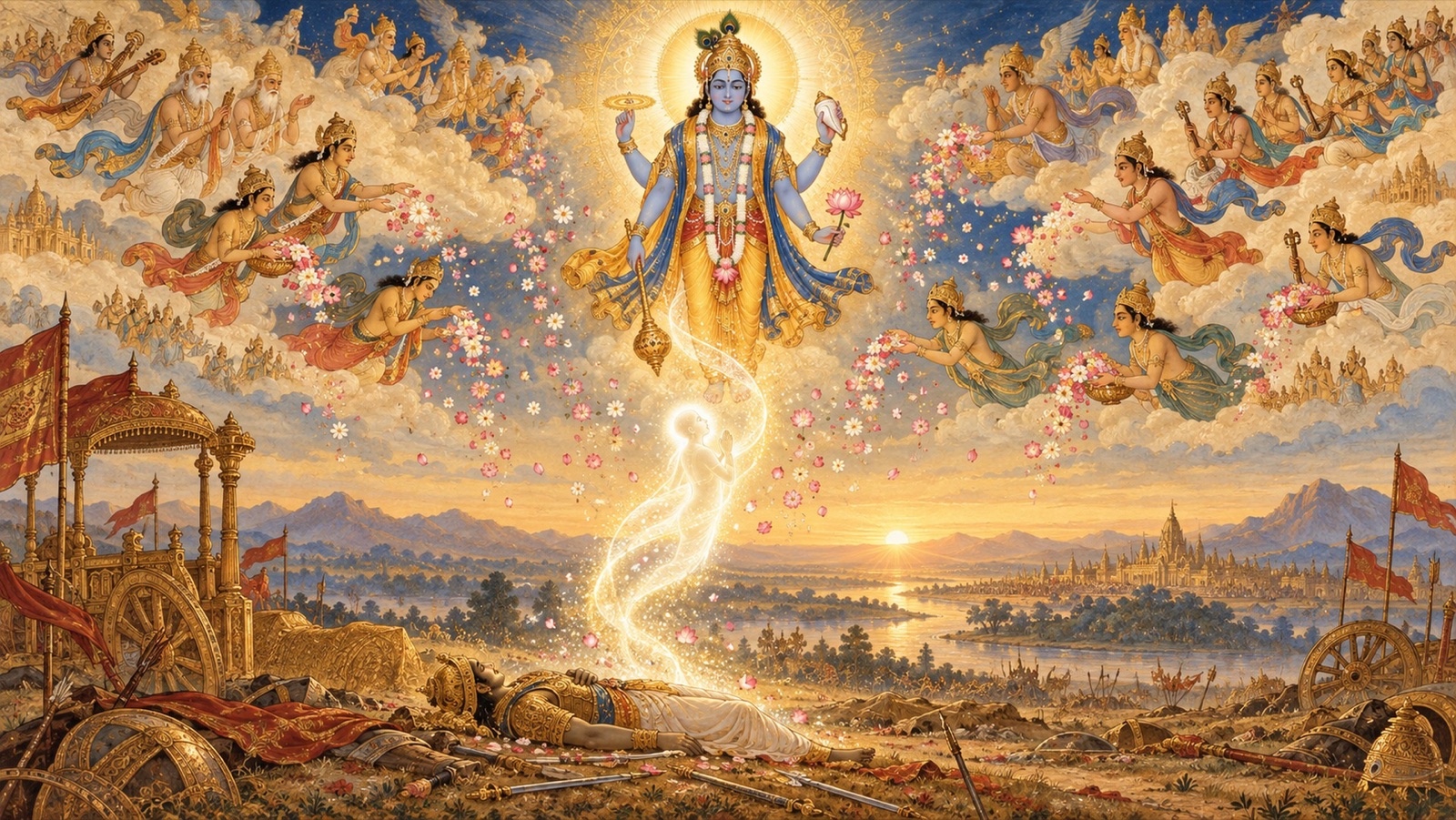 देवताओं तथा ऋषियों की पुष्प-वर्षा के मध्य भगवान् नारायण में लीन होती वृत्र की आत्मा