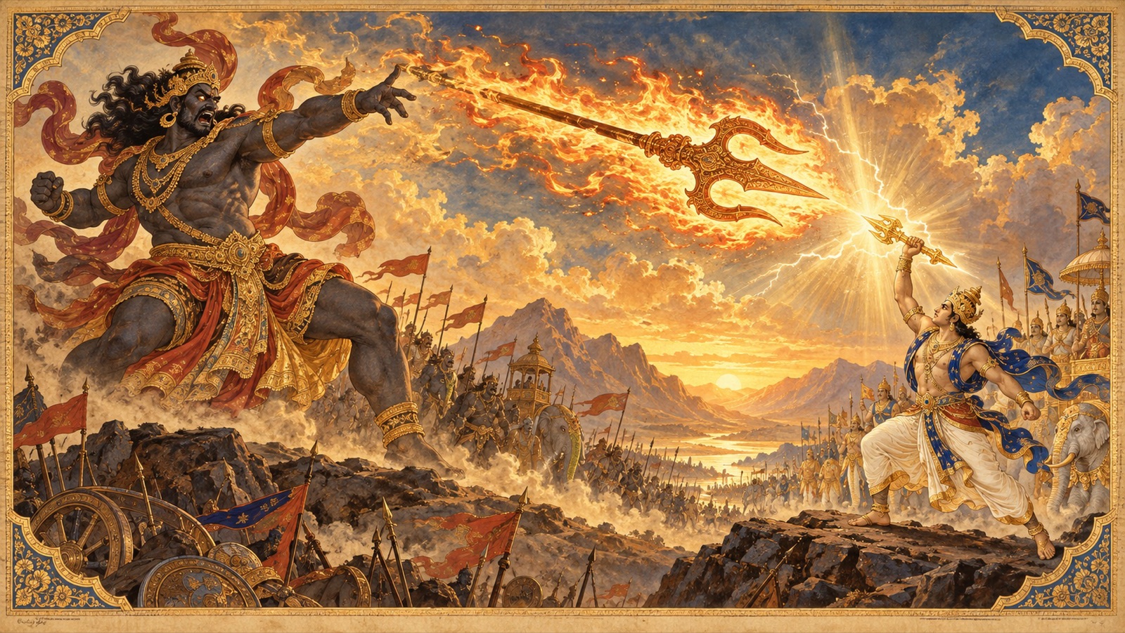 The demon Vritra hurling his blazing trident at Indra on the battlefield