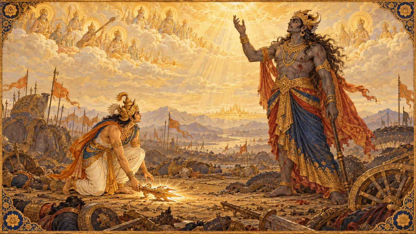 The armless demon Vritra teaching Indra, pointing upward to the Lord