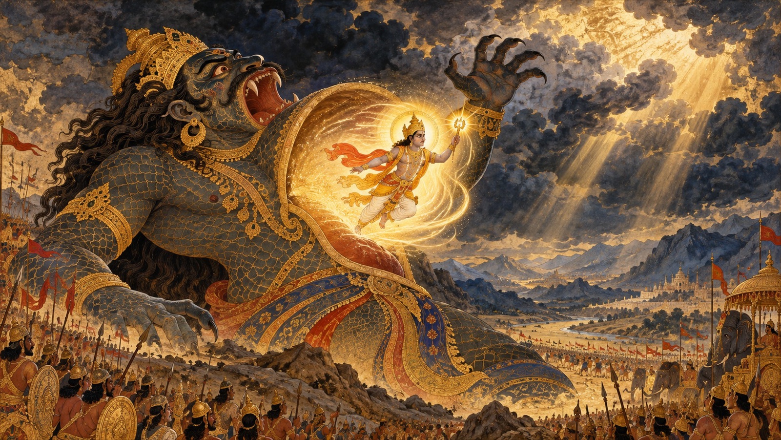The gigantic demon Vritra swallowing Indra and Airavata, who is protected within