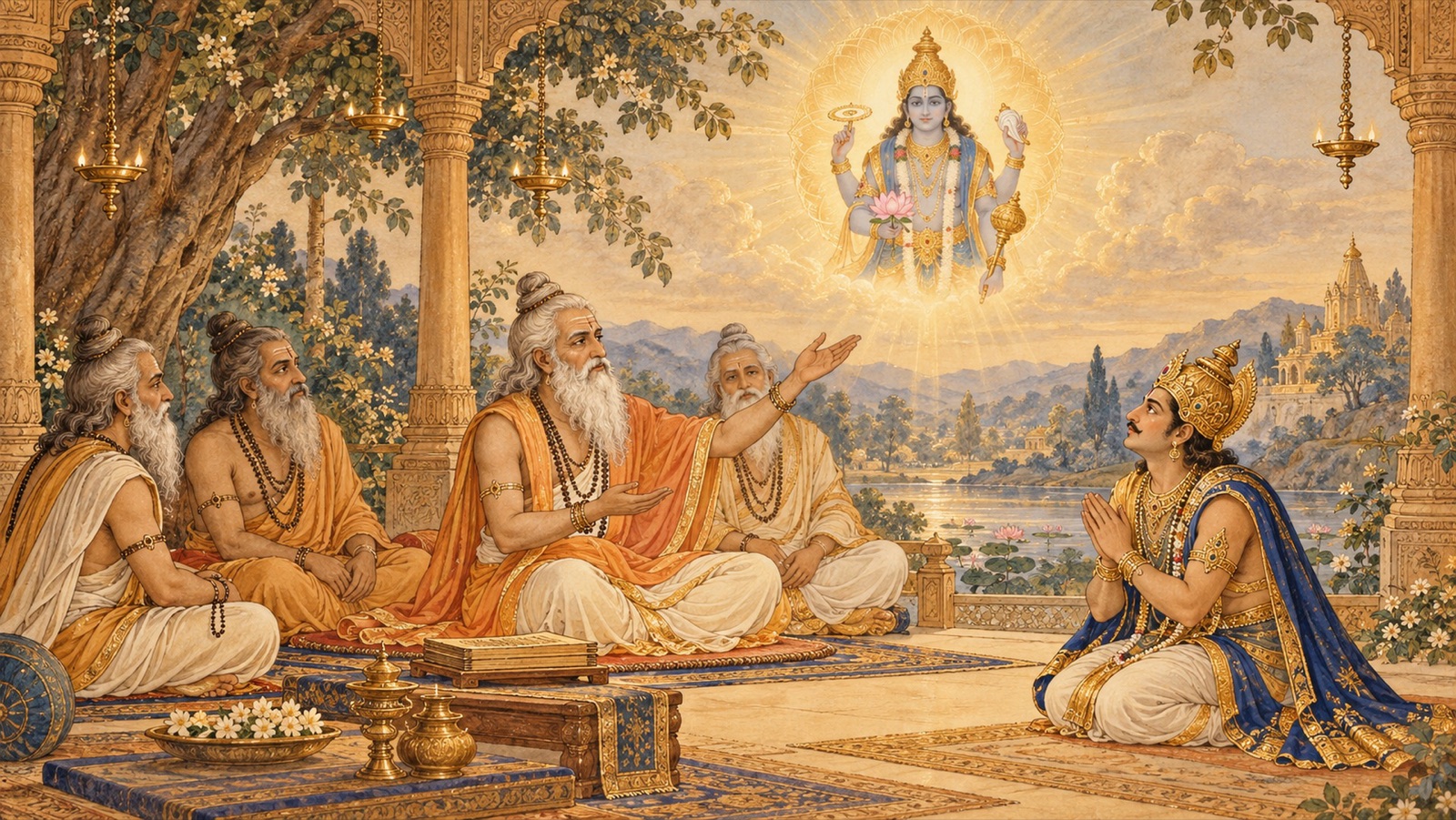The sages assuring Indra that the horse-sacrifice and the Lord's Name will absolve his sin