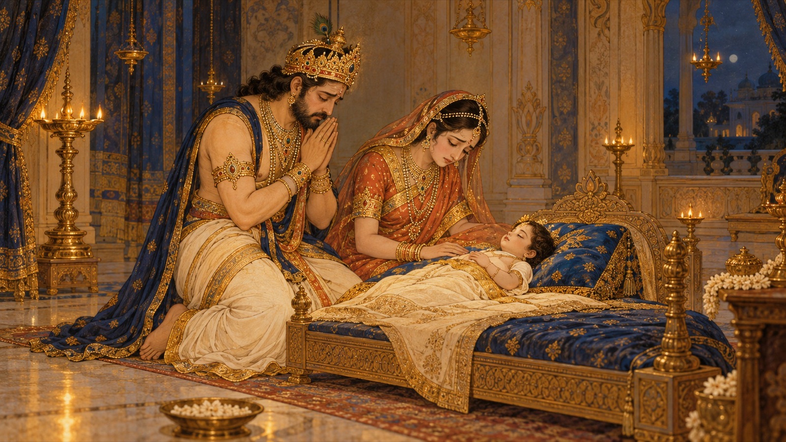 राजमहल में अपने मृत शिशु के पास रोते राजा चित्रकेतु तथा उनकी रानी