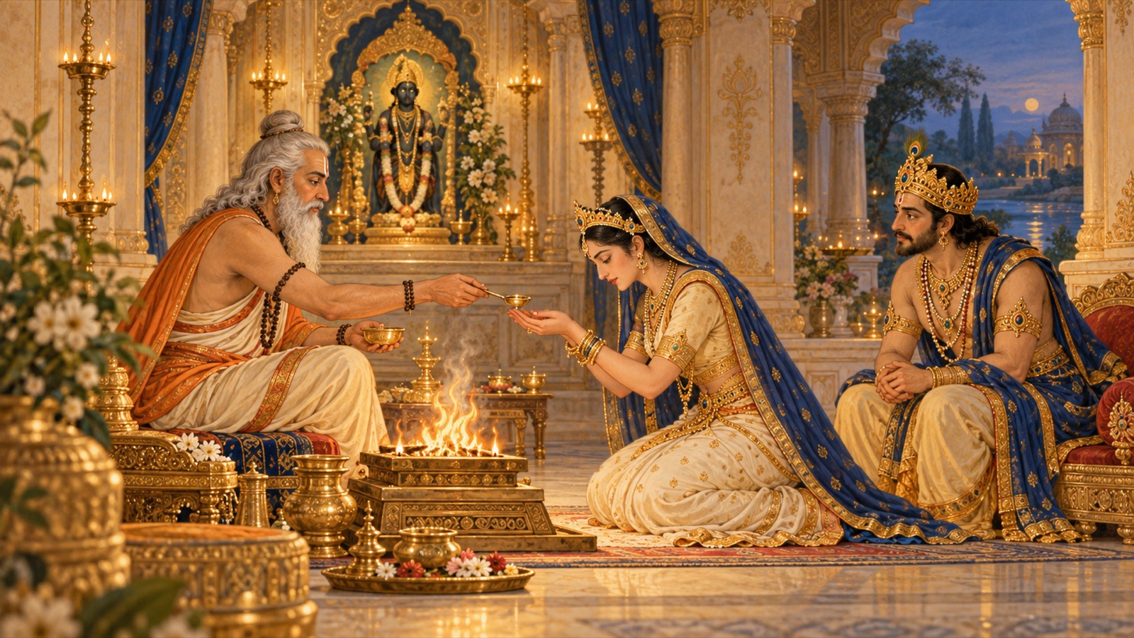 The sage Angira giving the sanctified oblation to Queen Kritadyuti