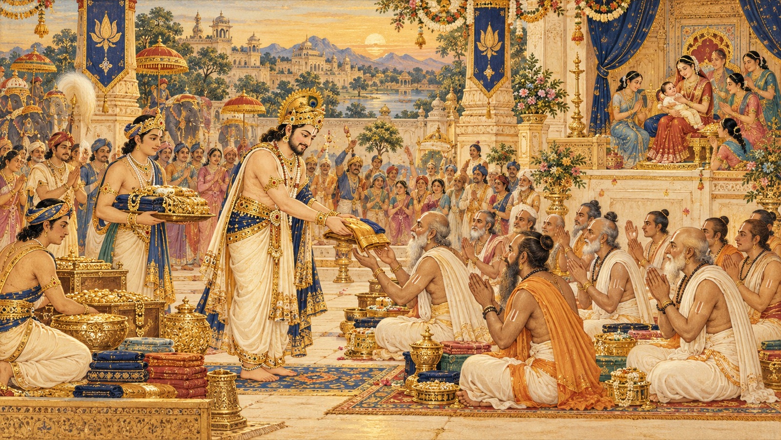 King Citraketu celebrating the birth of his son with gifts to the Brahmanas