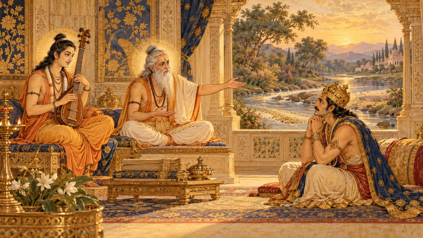 The sages teaching the grieving king that beings meet and part like sand upon a stream