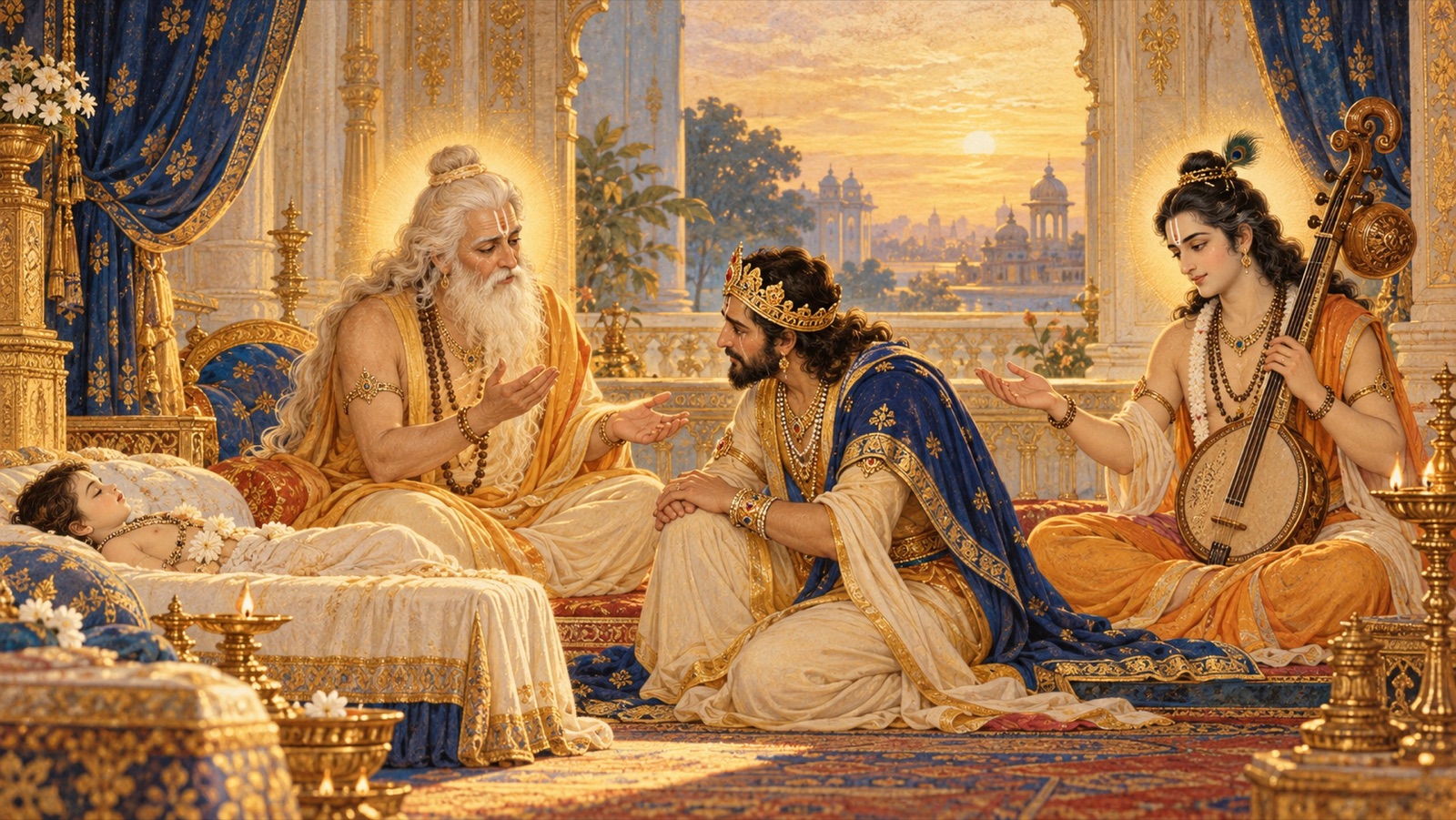 The sages Angira and Narada consoling the grieving King Citraketu beside his child