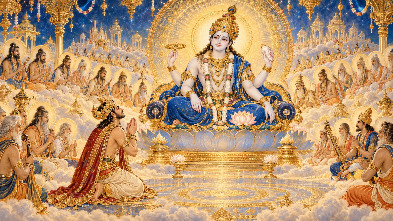 कमल-तन्तु-से श्वेत, नीलाम्बरधारी, ऋषियों से घिरे भगवान् संकर्षण का दर्शन करते राजा चित्रकेतु