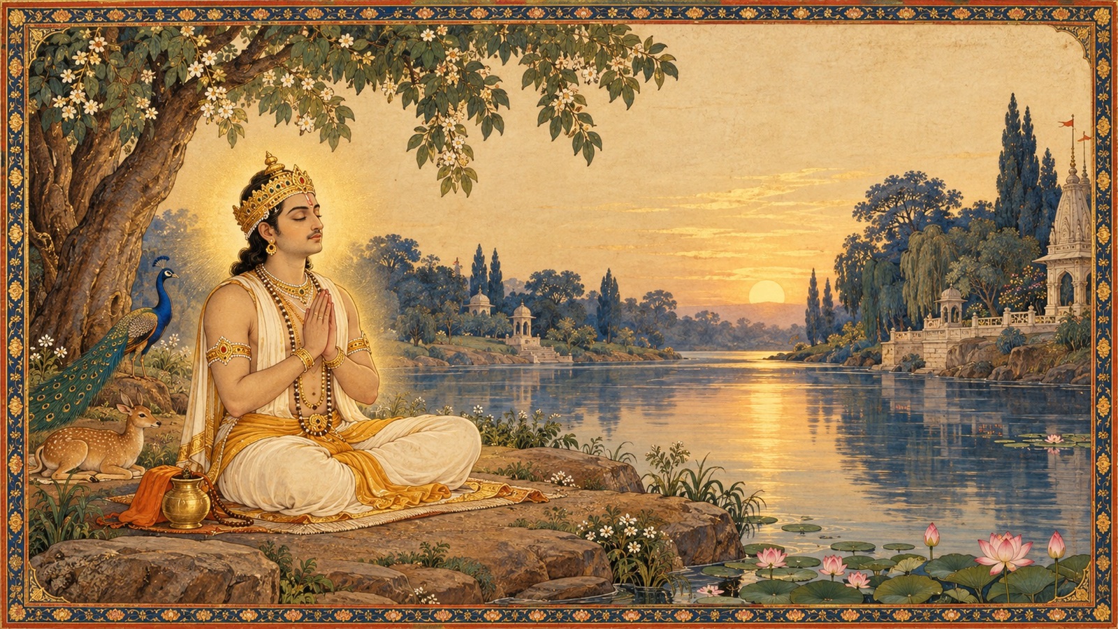 King Citraketu bathing in the Yamuna and repeating the sacred prayer in meditation