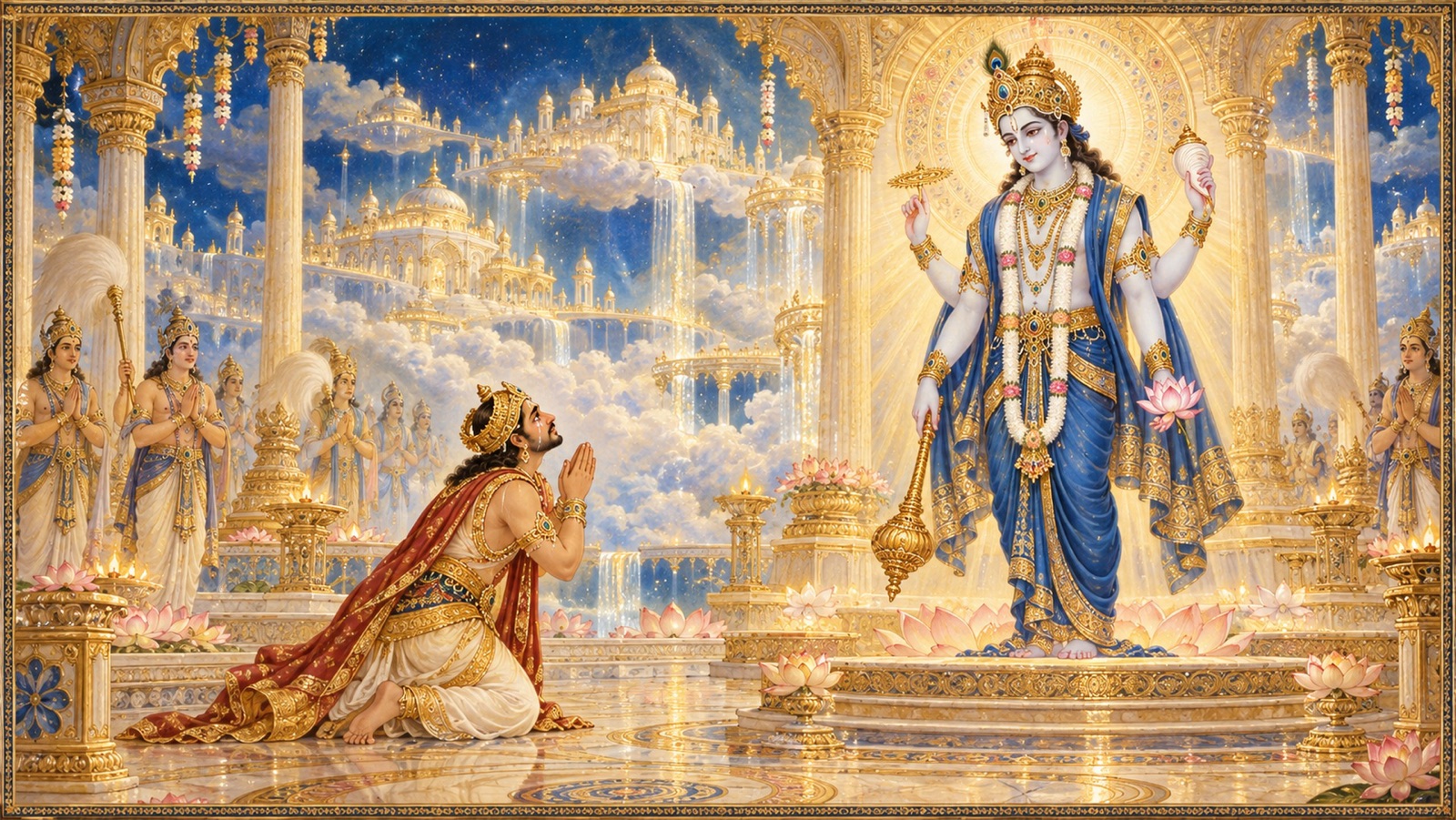 King Citraketu bowing with tears of love and praising Lord Sankarshana
