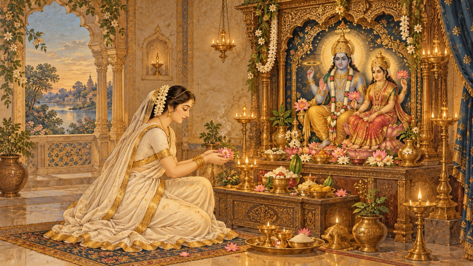 गृह-मन्दिर में भगवान् विष्णु तथा देवी लक्ष्मी की आराधना करती श्वेत-वस्त्रधारी समर्पित पत्नी