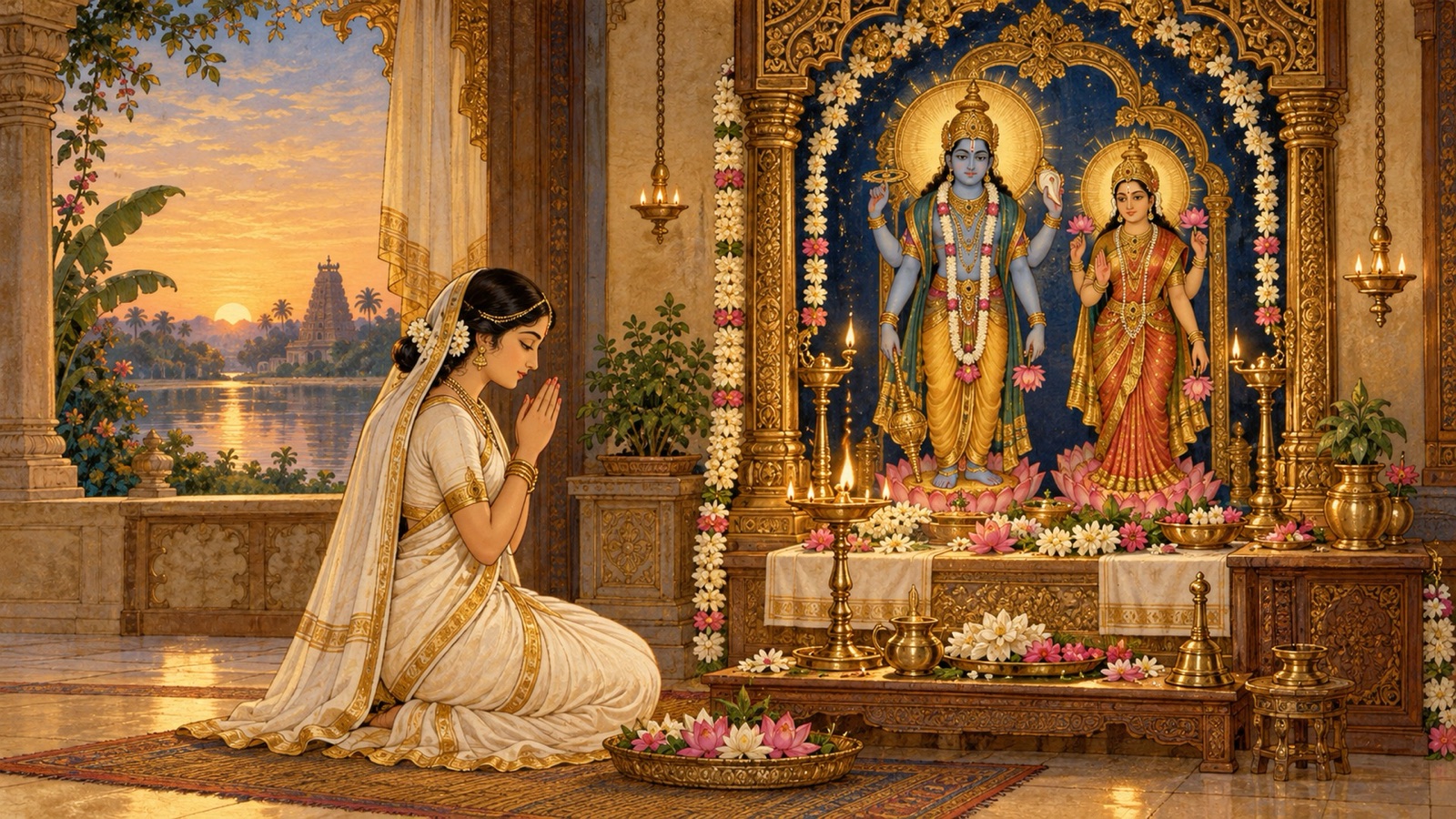 A bathed wife in white garments beginning the Pumsavana vow before Vishnu and Lakshmi