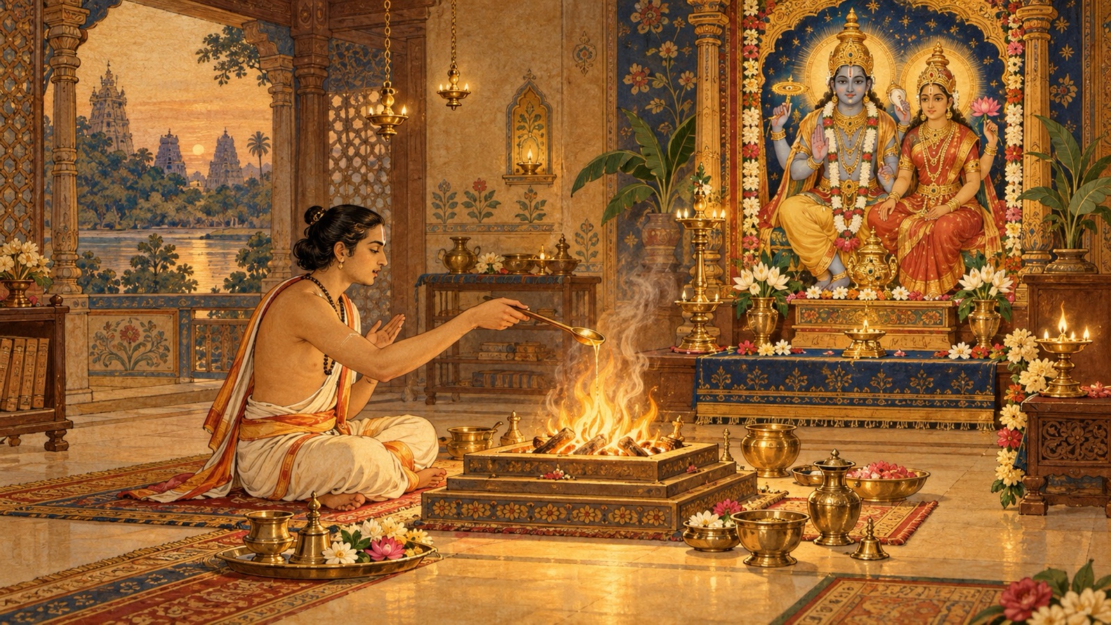 Oblations being poured into the sacred fire during the Pumsavana worship