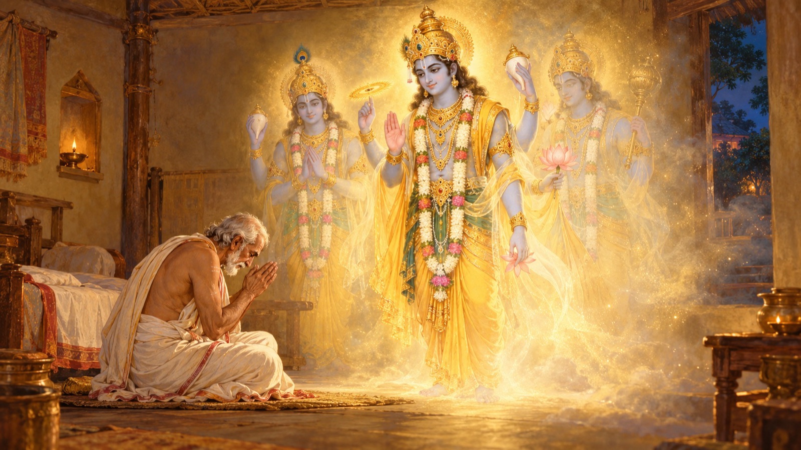 Ajamila restored to life bowing to the servants of Vishnu as they begin to vanish