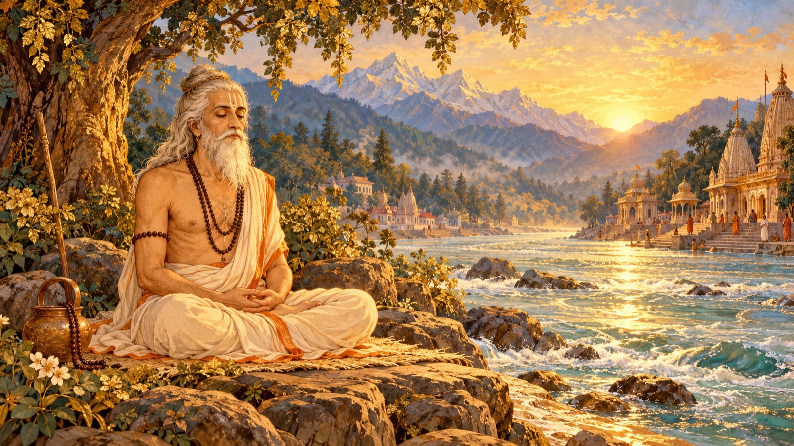 Ajamila absorbed in yoga meditation on the bank of the Ganga at Gangadwara (Haridwar)