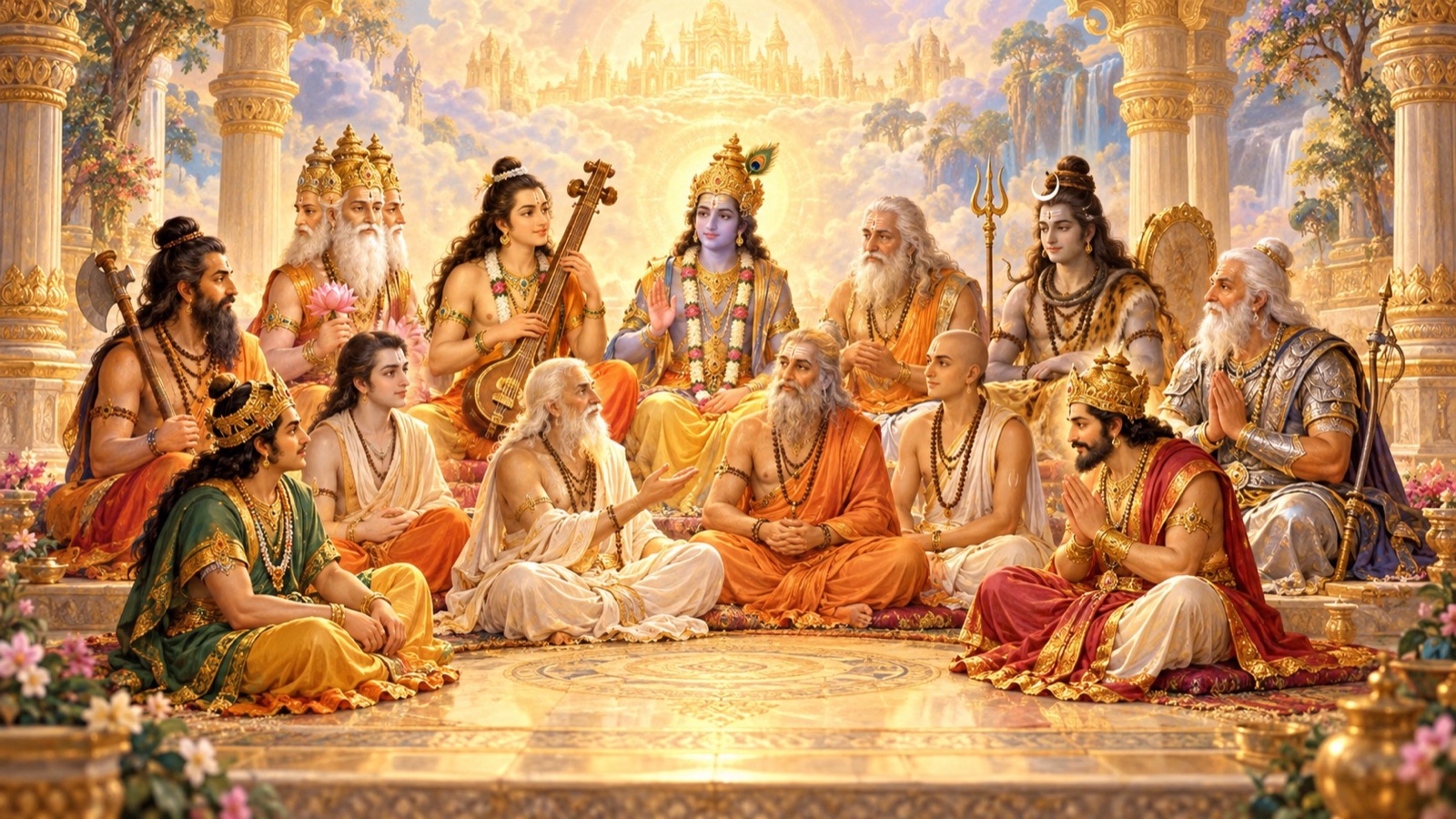A reverent gathering symbolizing the twelve great authorities who know the dharma of devotion