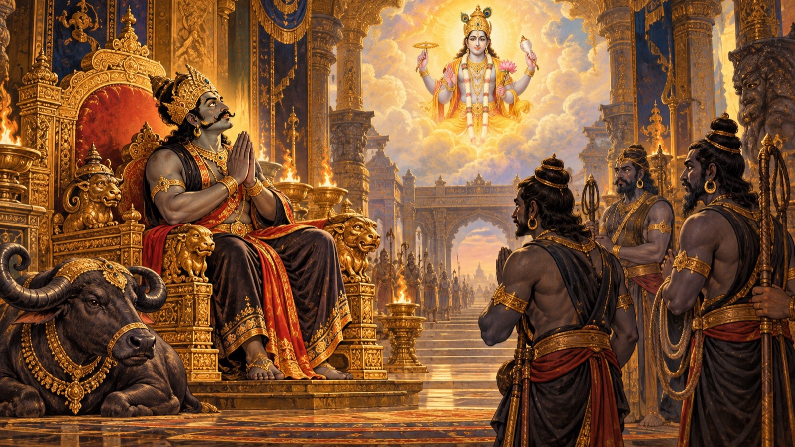 Yamaraja seated in his court with folded hands, meditating on the Lord and instructing his messengers
