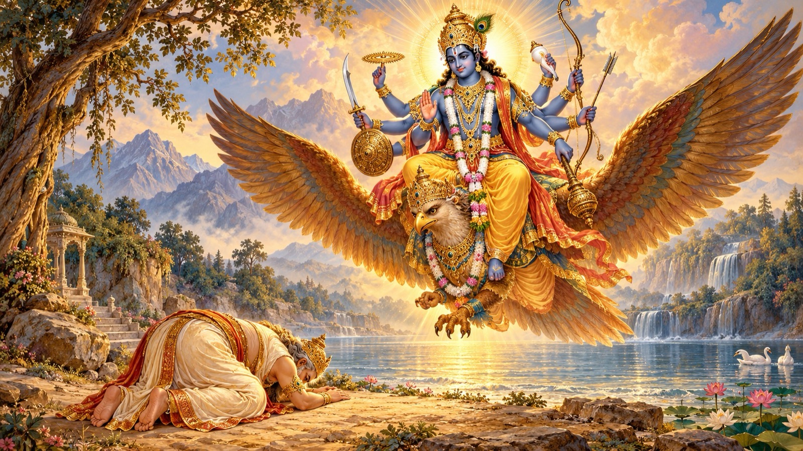 गरुड़ पर आरूढ़ अष्टभुज भगवान् विष्णु पवित्र सरोवर पर दण्डवत् प्रजापति दक्ष के समक्ष प्रकट होते हुए