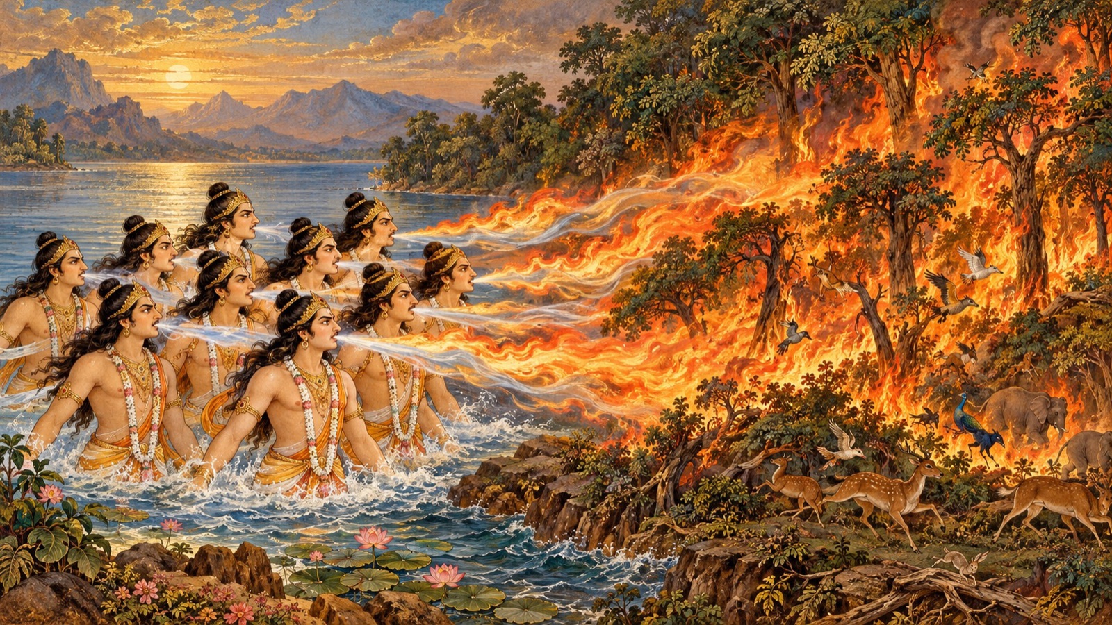The ten Pracetas rising from a vast lake and breathing wind and fire toward overgrown forests