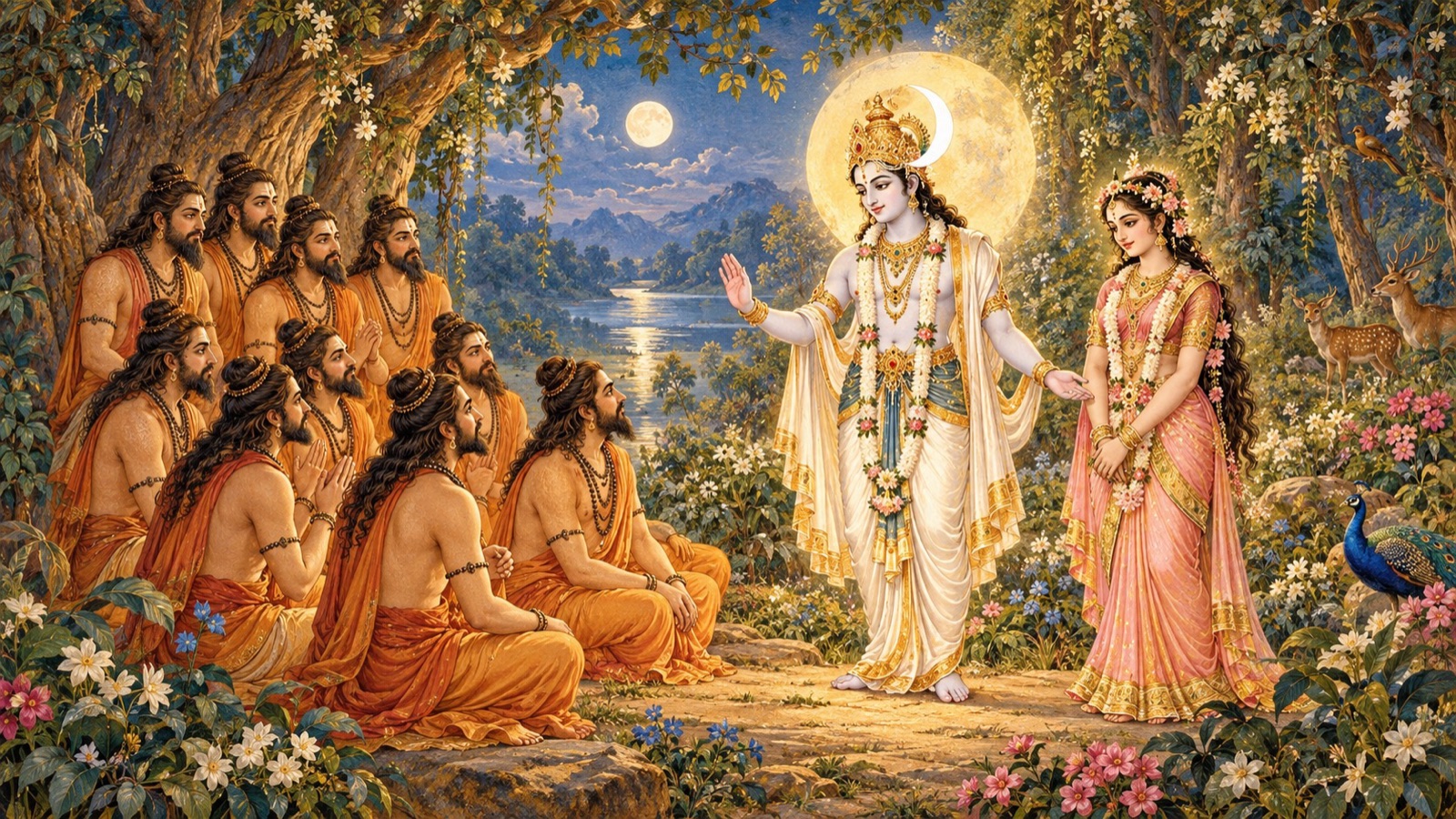 The moon-god Soma calming the Pracetas and presenting the maiden Marisha to them