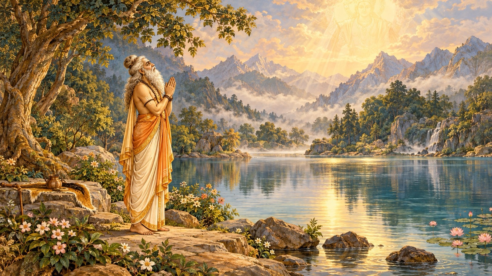Prajapati Daksha standing in austerity at the sacred lake Aghamarsana offering a hymn to the Lord