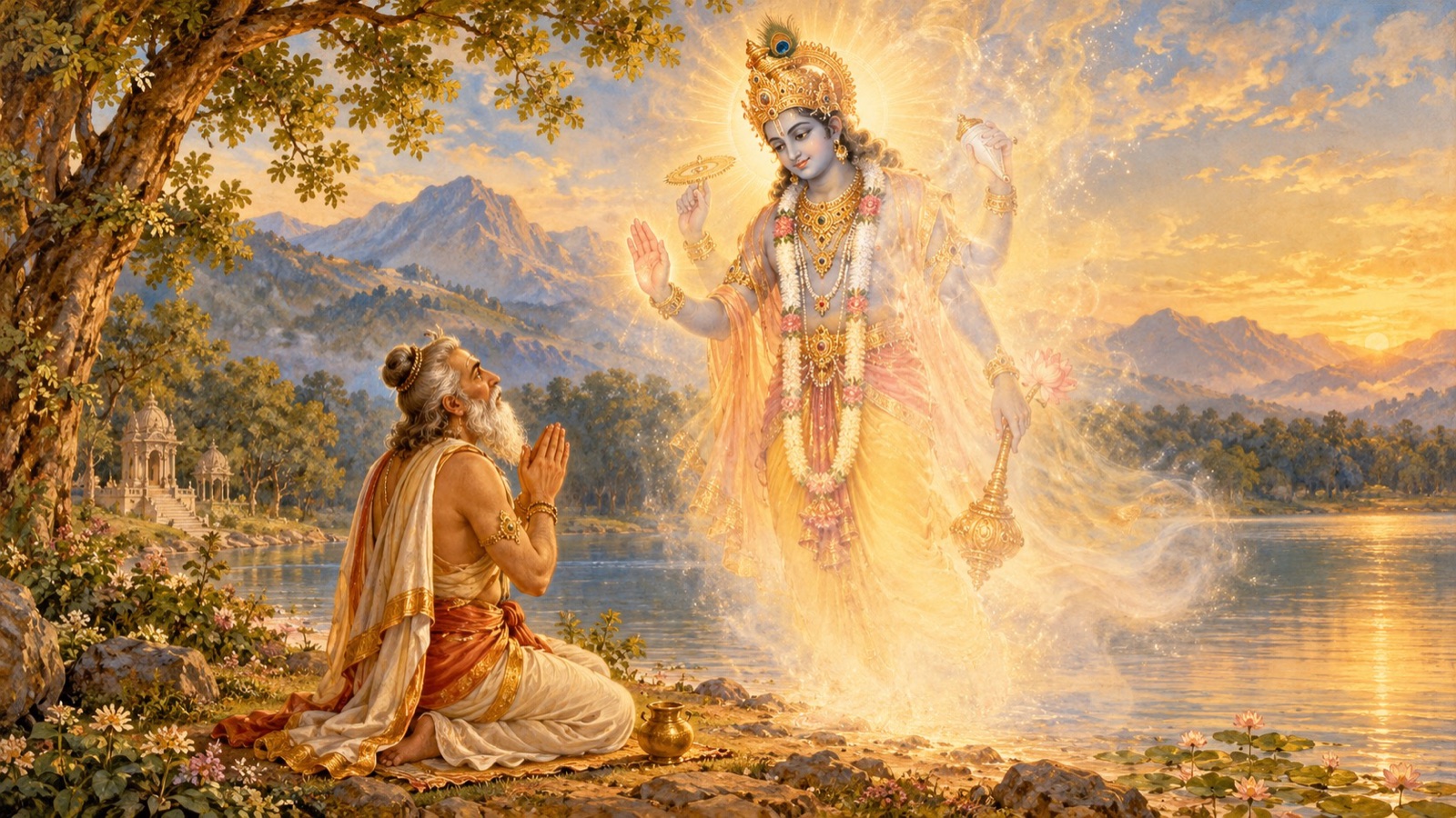 Lord Vishnu blessing the prostrate Daksha with a boon before vanishing from sight