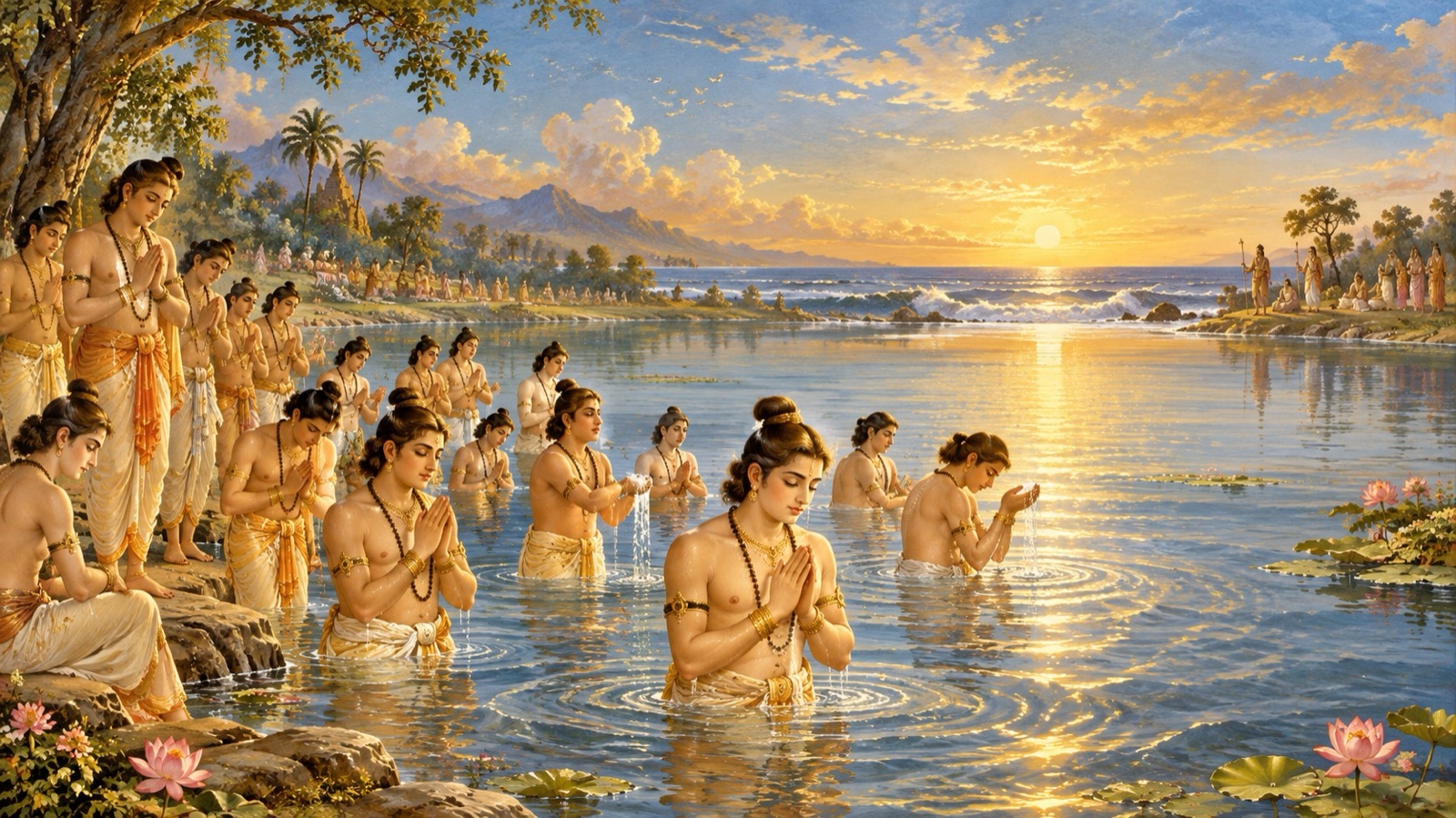 दक्ष के दस हजार पुत्र हर्यश्वगण पवित्र सरोवर नारायण-सरस् में स्नान करते हुए