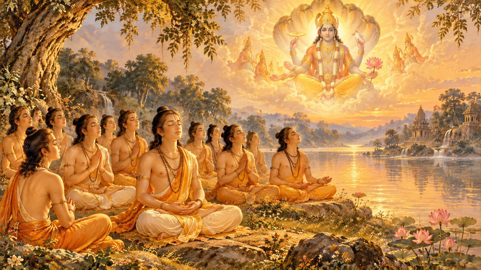 पवित्र सरोवर पर भगवान् विष्णु की आराधना करते और ओंकार का जप करते शबलाश्वगण