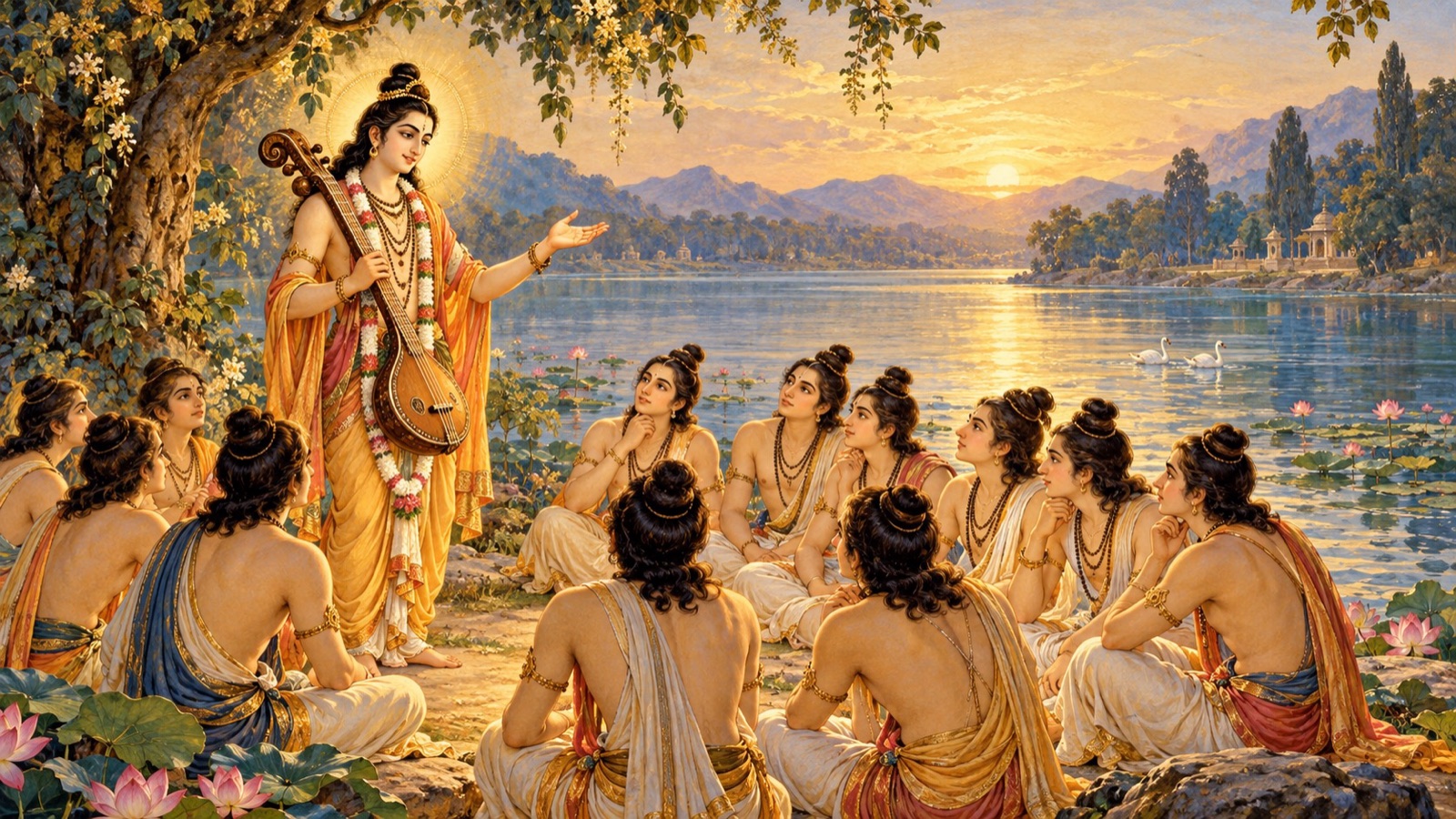 The sage Narada with his vina posing enigmatic riddles to the Haryasvas by the holy lake