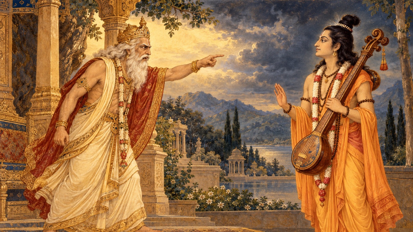 The grief-stricken Prajapati Daksha pronouncing a curse upon the sage Narada