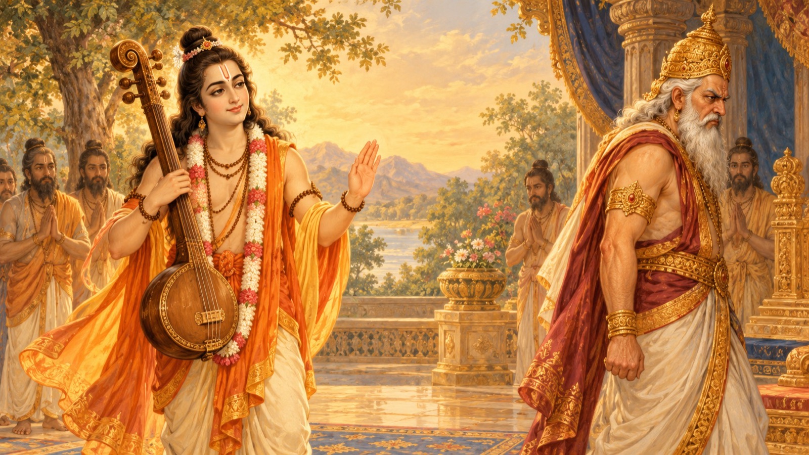 The sage Narada with his vina serenely accepting Daksha's curse without anger
