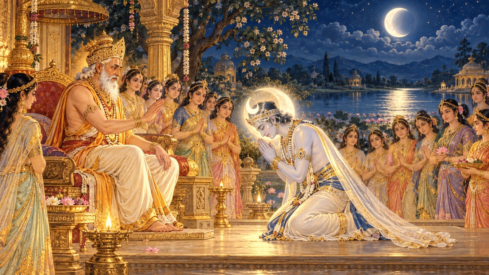क्षीण प्रकाश-कलाओं को पुनः पाने हेतु प्रजापति दक्ष को विनम्रता से प्रसन्न करते चन्द्रदेव सोम