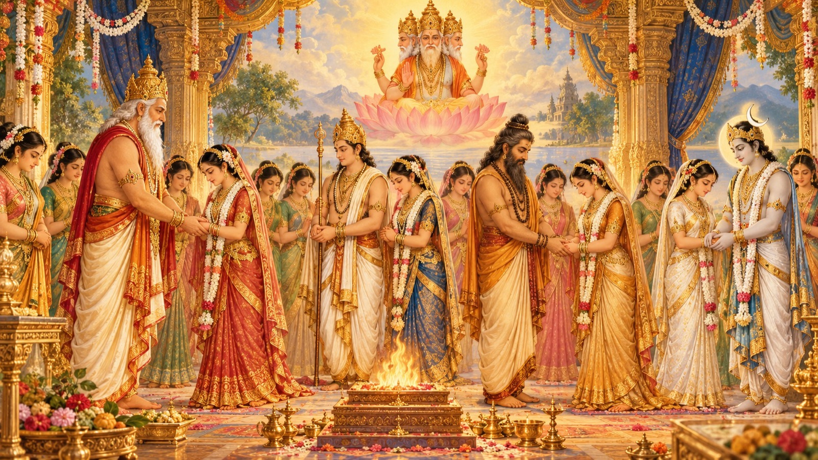 प्रजापति दक्ष अपनी साठ कन्याएँ धर्म, महर्षि कश्यप तथा चन्द्रदेव को सादर विवाह में देते हुए