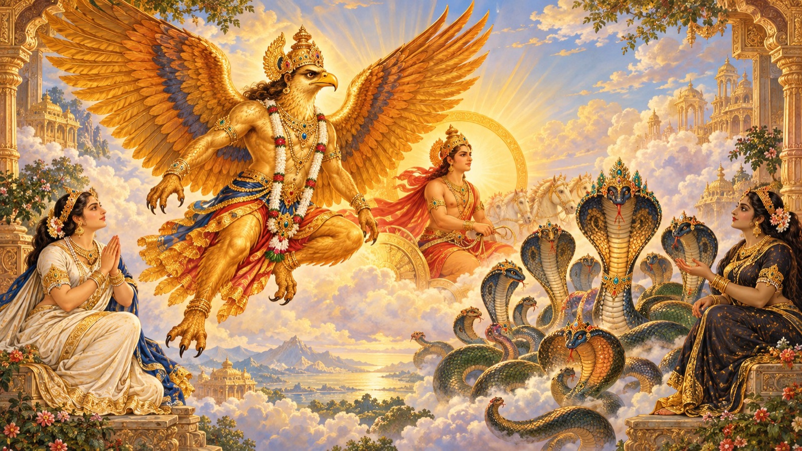 Vinata giving birth to the mighty Garuda and the sun's charioteer Aruna, and Kadru to the races of Nagas