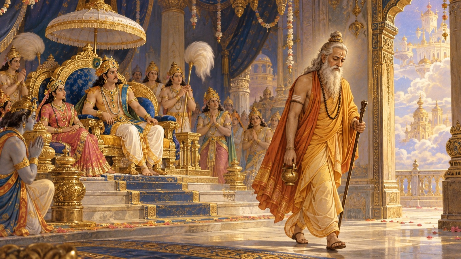 अपमानित होकर इन्द्र की सभा से मौन होकर मुड़ते और लौटते आचार्य बृहस्पति