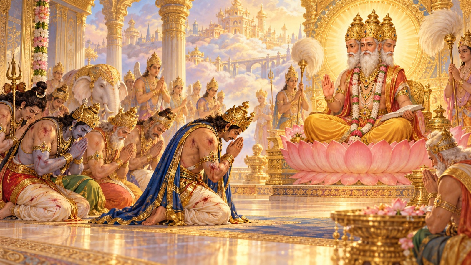 The defeated gods led by Indra bowing before Brahma for protection after their rout by the demons