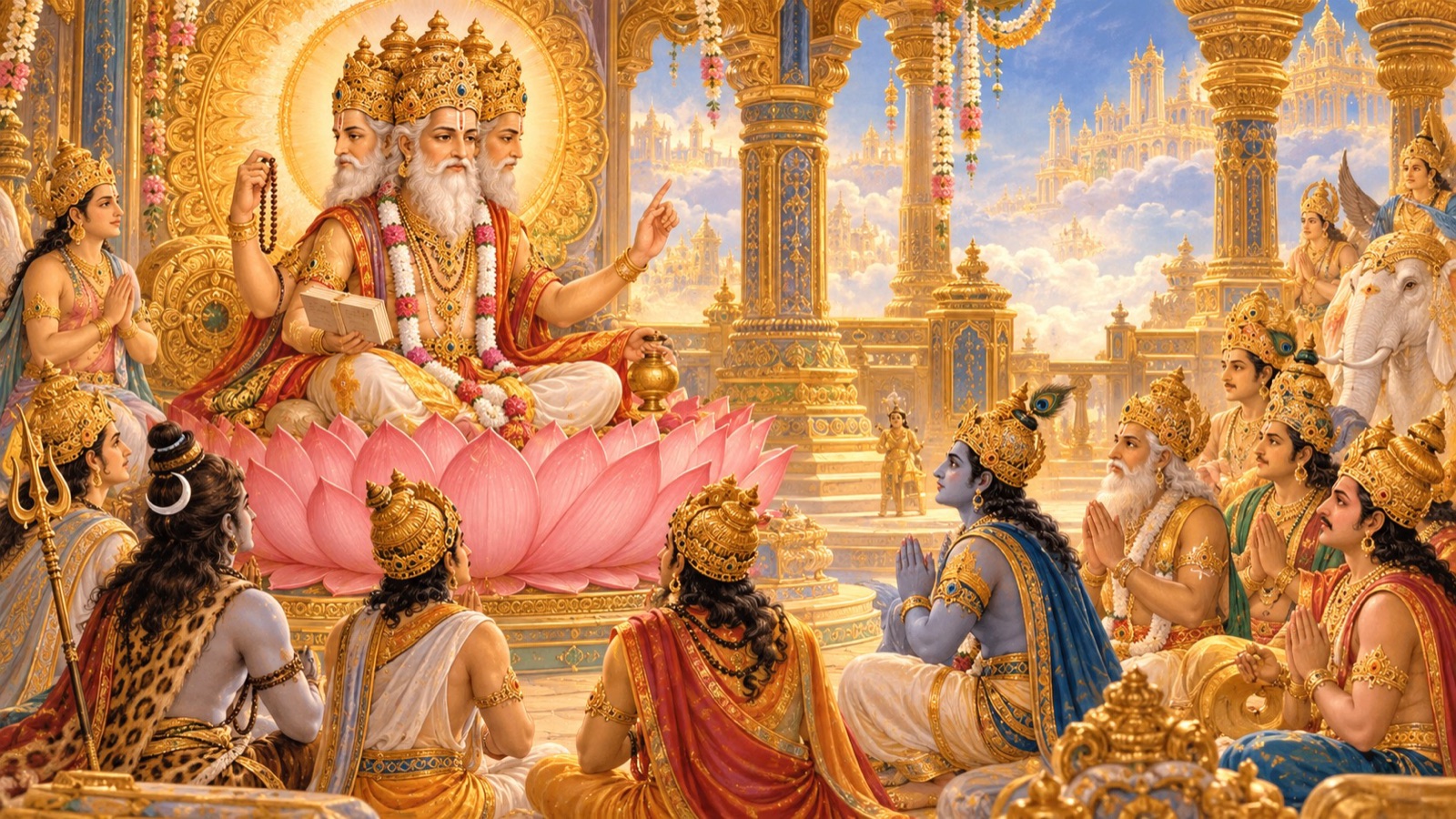Brahma counselling the gods to take shelter of the sage Visvarupa