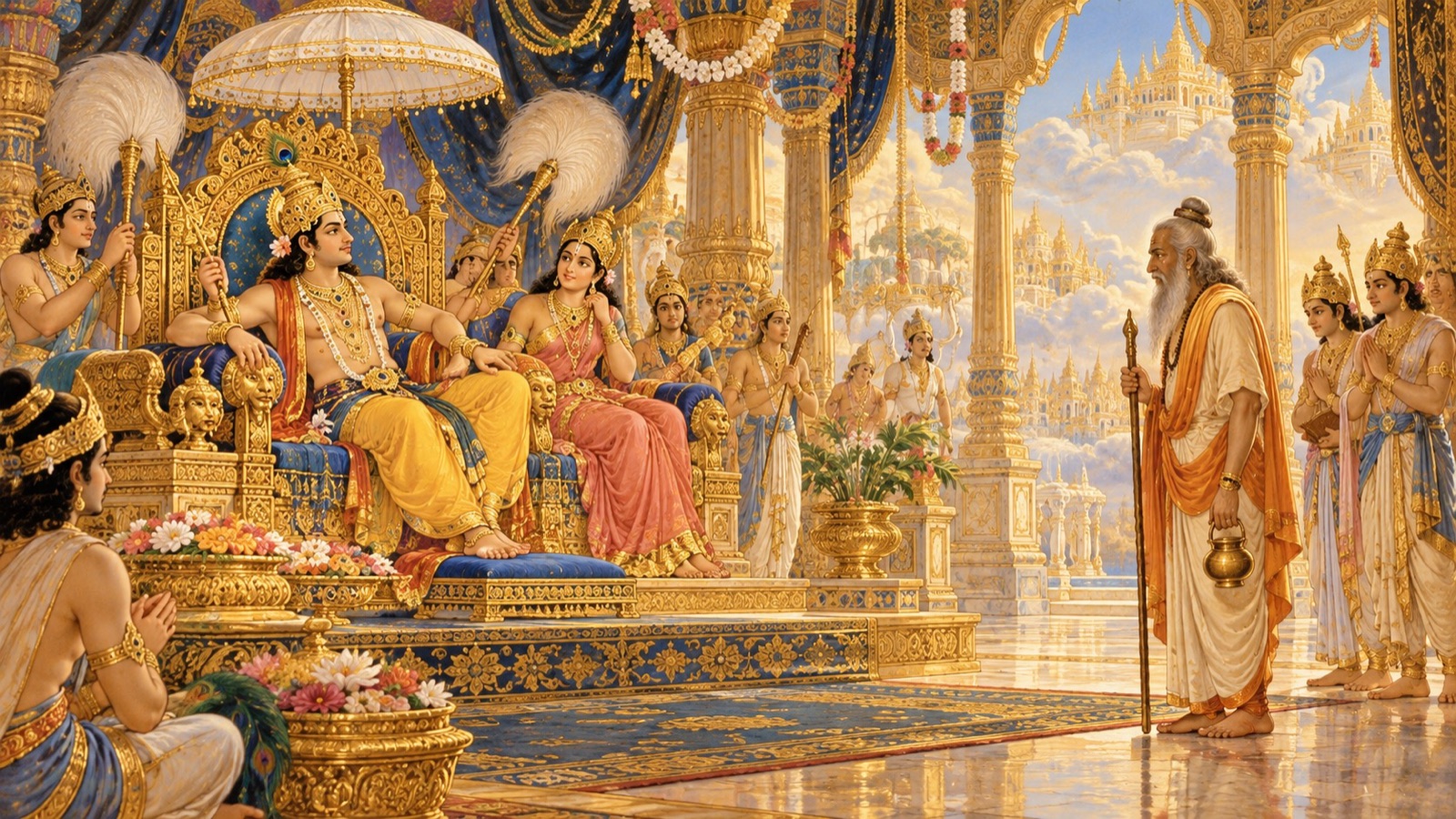 Indra seated on his throne in pride failing to rise and honour his preceptor Brihaspati entering the court