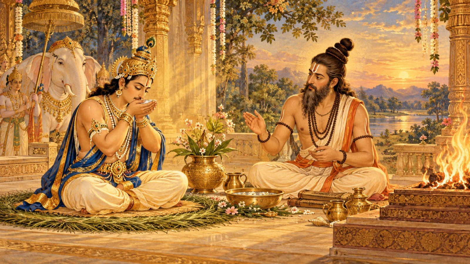 The sage Visvarupa teaching Indra the sacred practice of the Narayana-kavaca with consecration of body and mind