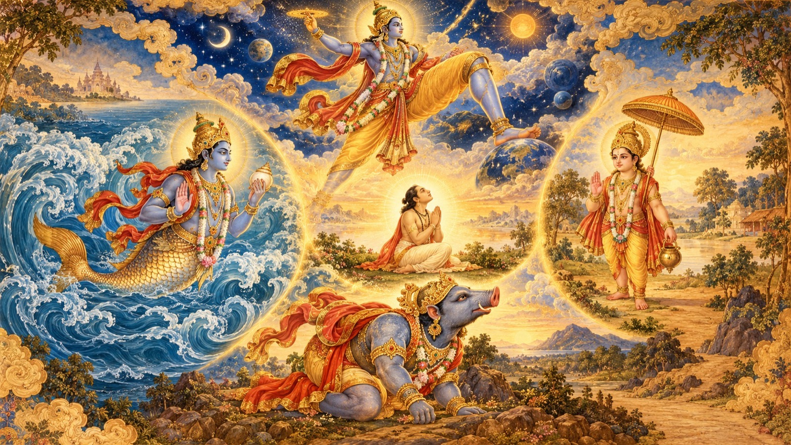 The devotee guarded on every side by the Lord's incarnations Matsya, Vamana, Trivikrama and Varaha