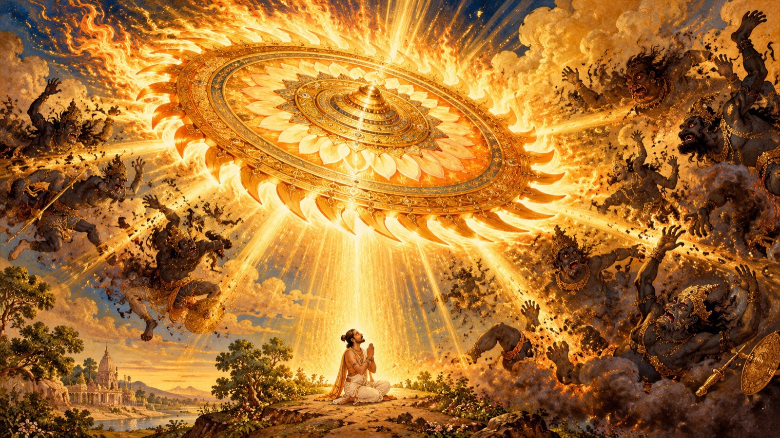 The blazing Sudarsana disc of the Lord radiant as the fire of dissolution dispelling evil forces