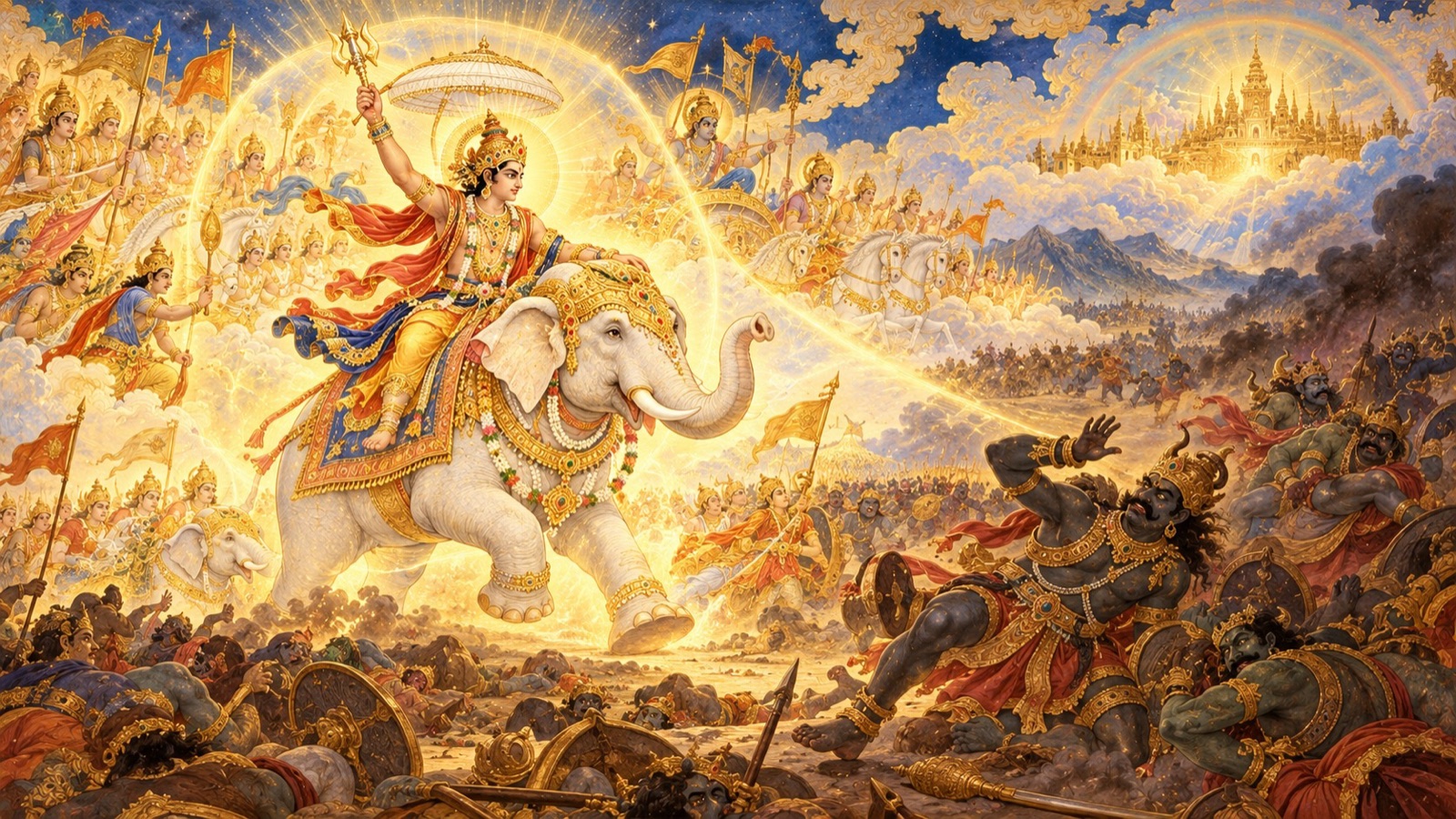 The thousand-eyed Indra, guarded by the Narayana-kavaca, conquering the demon armies