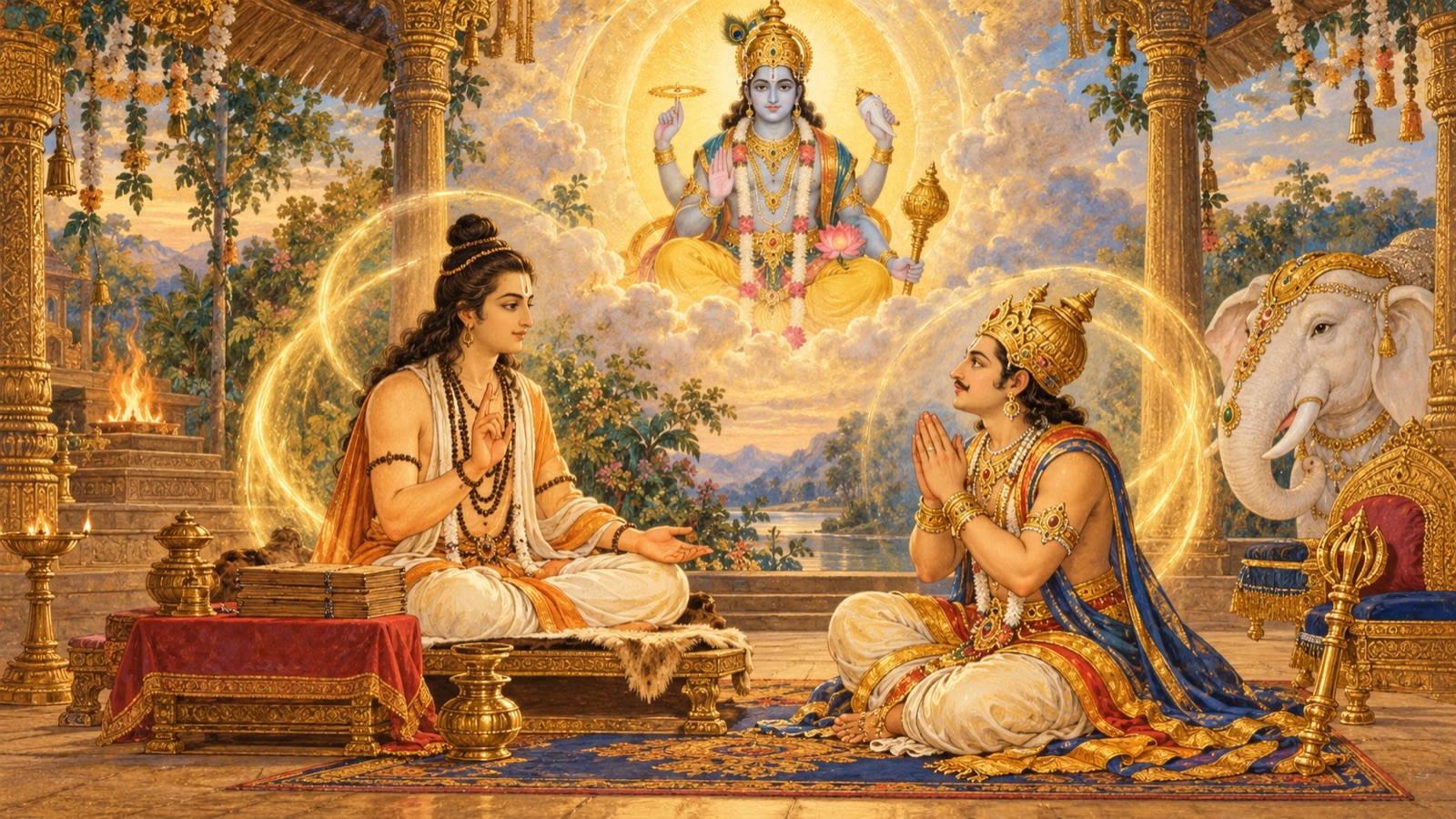 The sage Visvarupa imparting the sacred Narayana-kavaca armour-prayer to Indra amid a radiant aura of the Lord's protection