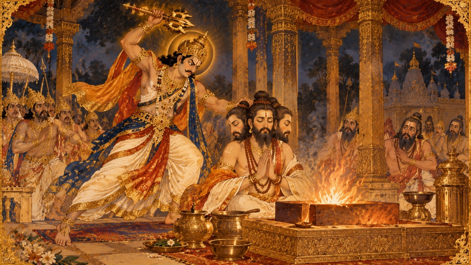 असुरों का पक्ष लेते हुए पकड़े गए पुरोहित विश्वरूप के तीन सिर काटते इन्द्र